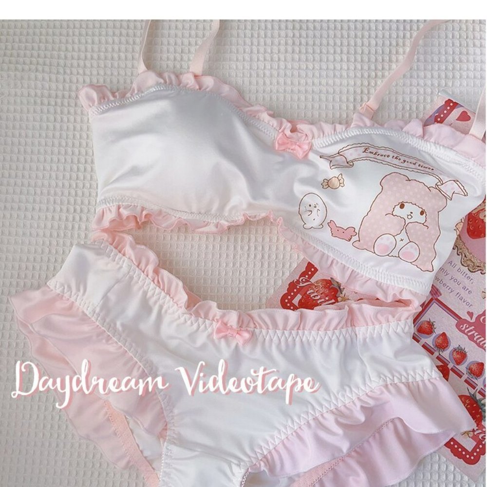 Sanrio My Melody Cute Bra Panties Set Wire-free Soft Intimates Set Pink & White